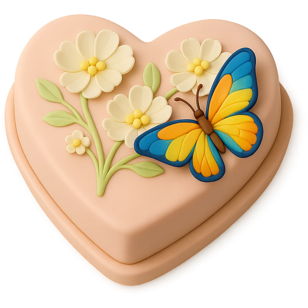 Add a colorful butterfly to the heart-shaped fondant cake with white flowers, fondant cake art style, keep transparent background. emoji