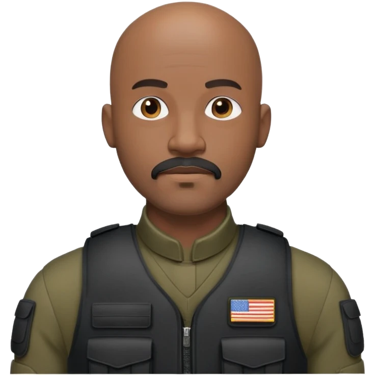 black soldier bald head, short beard that connects seamlessly to his mustache,  in black bulletproof vest emoji