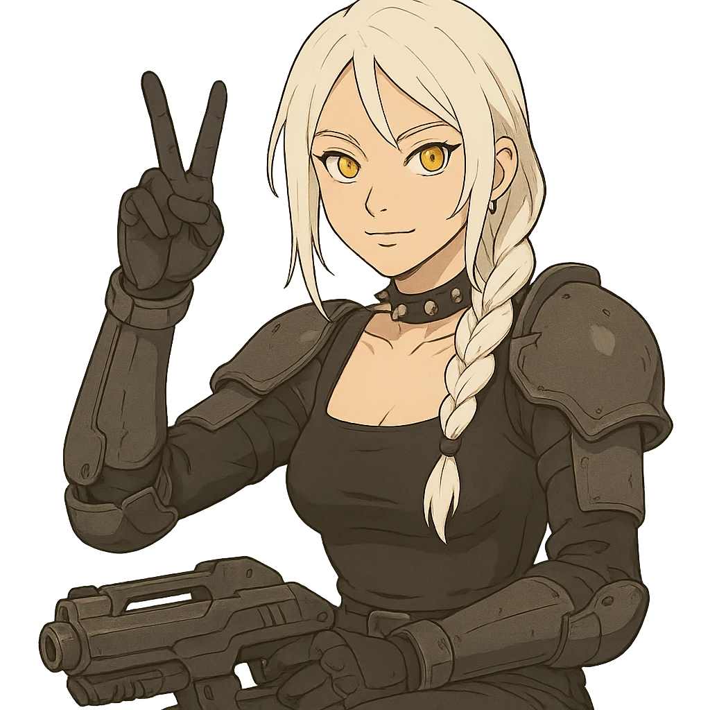  she is wearing armor, doing live-fire exercises at a safe and sanctioned training firing range with a maximum power blaster, except instead she's giving a victory salute, a closeup portrait of young woman with gold yellow eyes, white hair, long braid, black off-shoulder top d-cup, punk gothic style, futuristic cyberwave cyberpunk, sitting position
 emoji