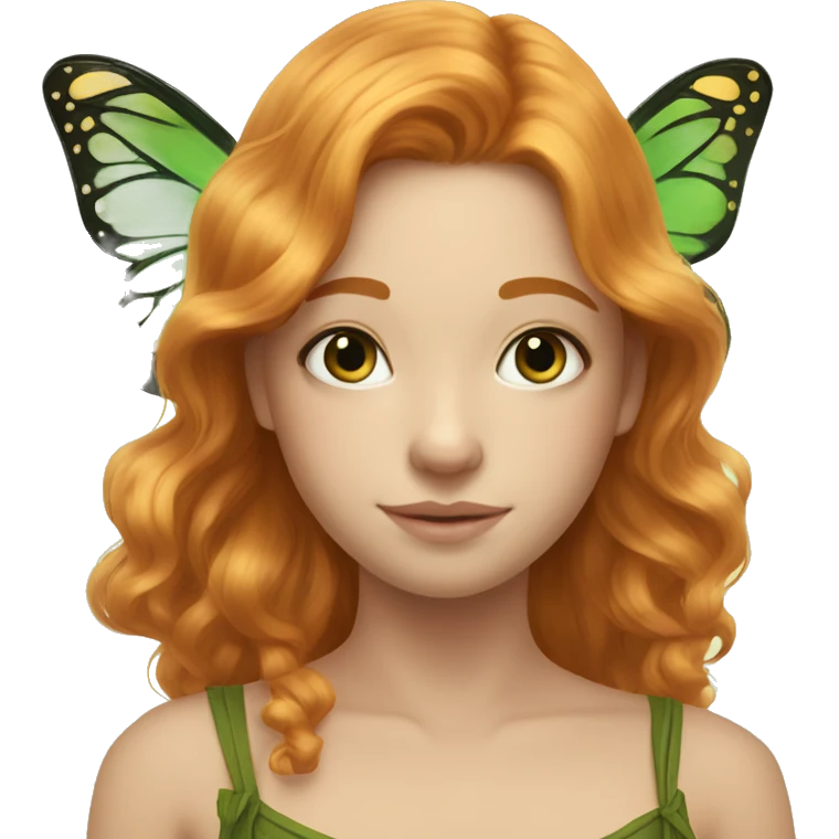 Beautiful, cornflower, fairy, green, gold, chest length ginger hair, big green and gold butterfly wings emoji