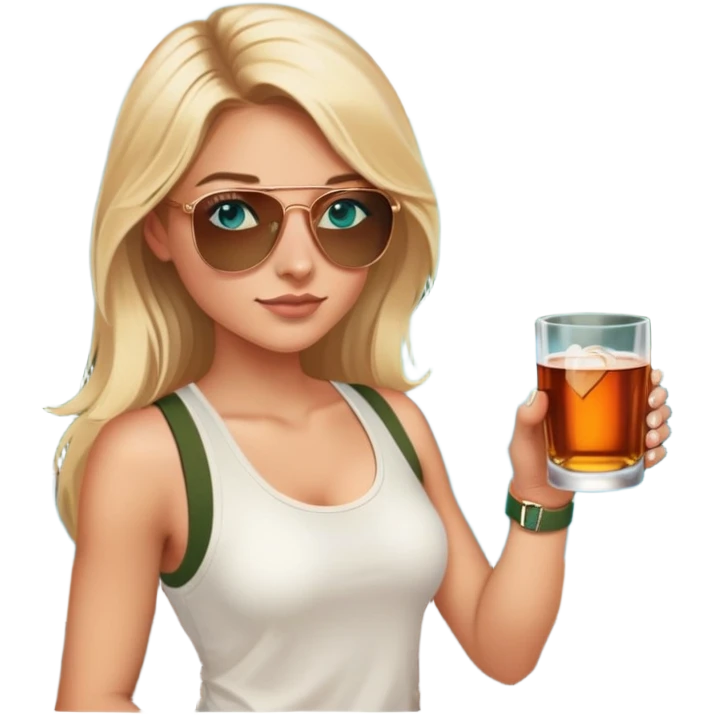 girl with long blond hair
with blue eyes
and aviator sunglasses
wearing white tank top 
holding a glass of whiskey 
wearing rose gold apple watch with forest green band  emoji