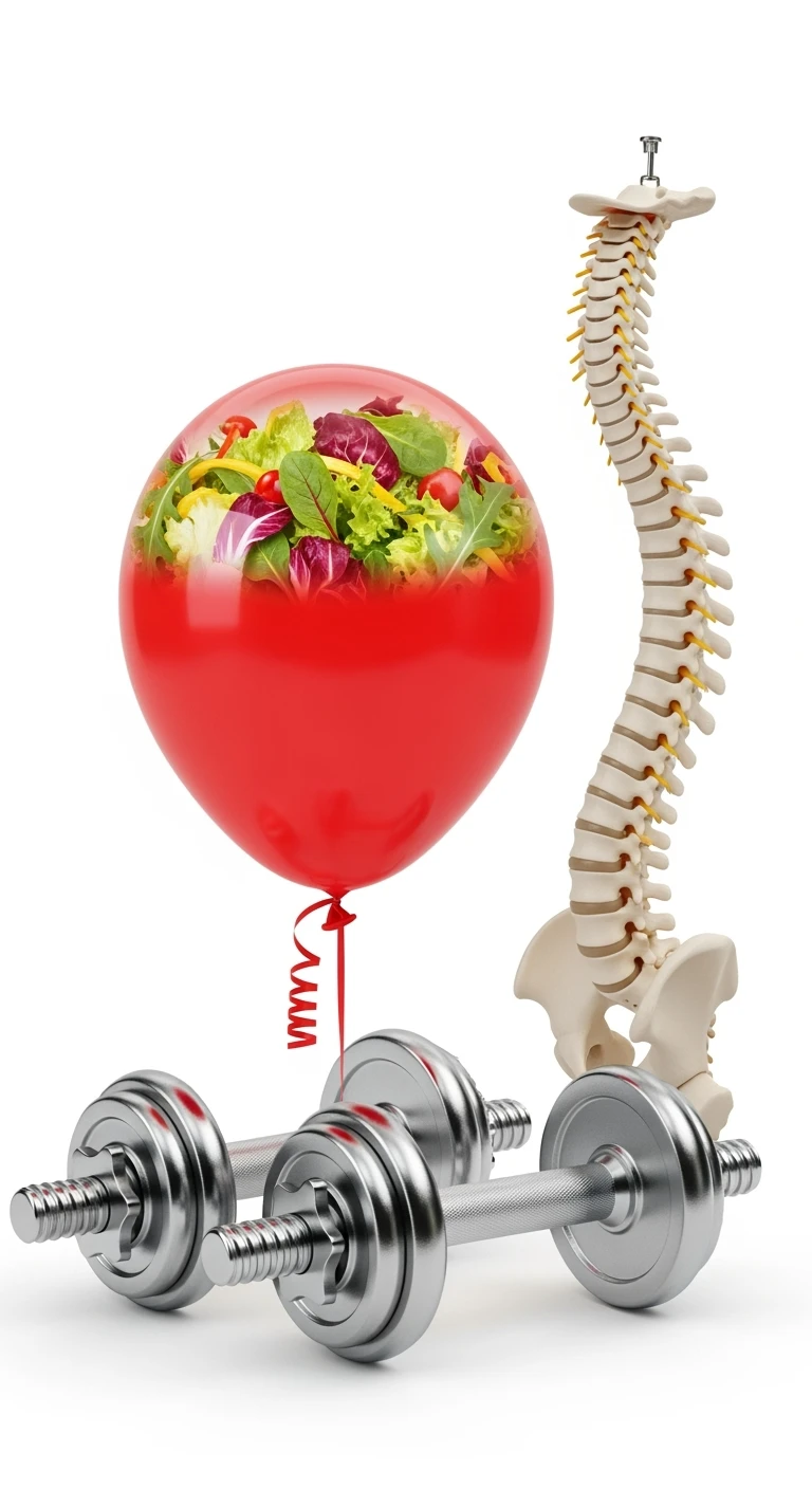 palloncino rosso con all'interno insalata, manubri da palestra e una spina dorsale anatomica realistica in 3d, isolato su sfondo bianco emoji
