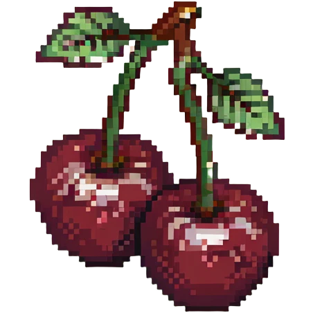 Pixel art of two dark maroon cherries with green stem, deep red color emoji
