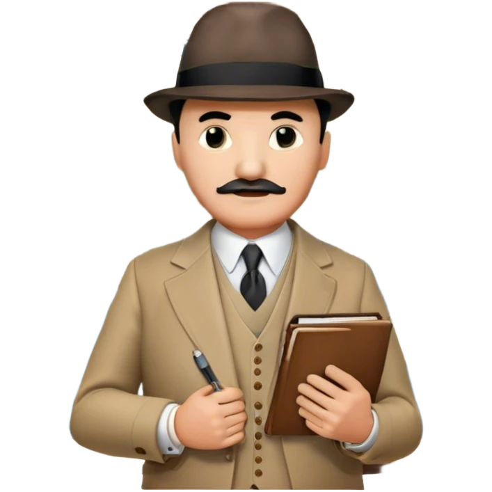 A cinematic-style frame showing Hercule Poirot in his iconic suit with a notebook in a dramatic detective pose. Background should be mysterious city, map, a board with photos of suspects, clues like fingerprints. Transparent background. emoji