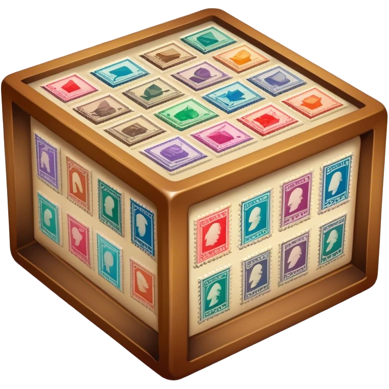 Icon for Stamp Collecting: a large stamp block in the center and a collection of vintage and colorful stamps arranged in an album or on a desk around, with showcasing different themes. The icon should reflect the charm and history of philately. Transparent background. emoji