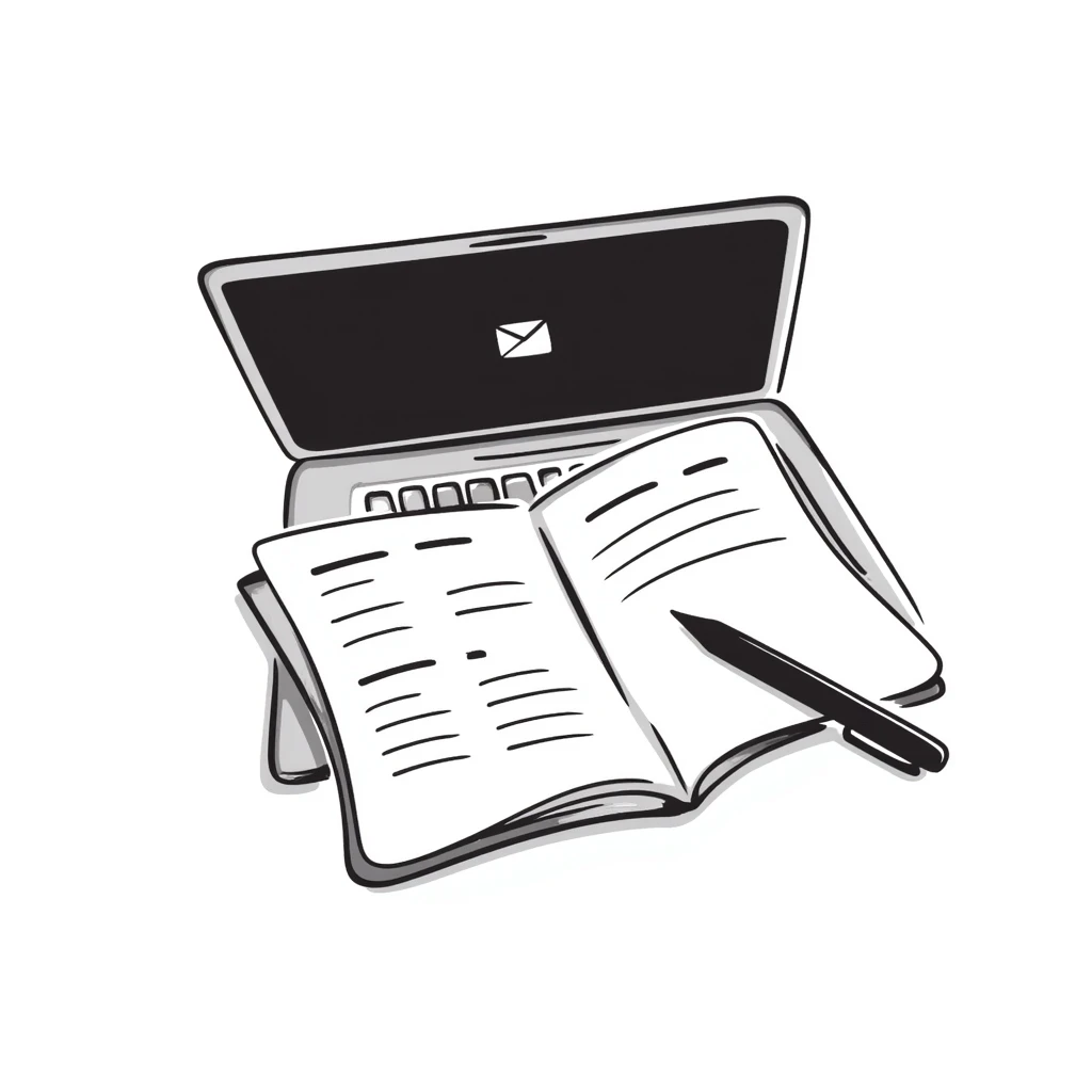 top view of a MacBook and a notebook with a pen nearby, notebook with visible notes emoji