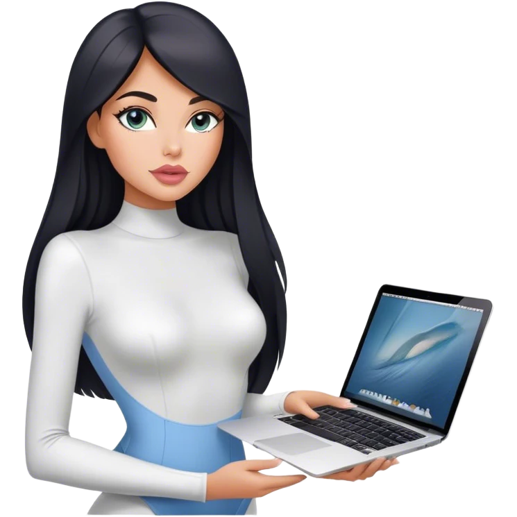 Glamours, tanned, very beautiful girl, with big pump peach-beige-rose lips, black straight smooth silky long hair, straight parting, blue-grey eyes, in white bodysuit holding MacBook emoji