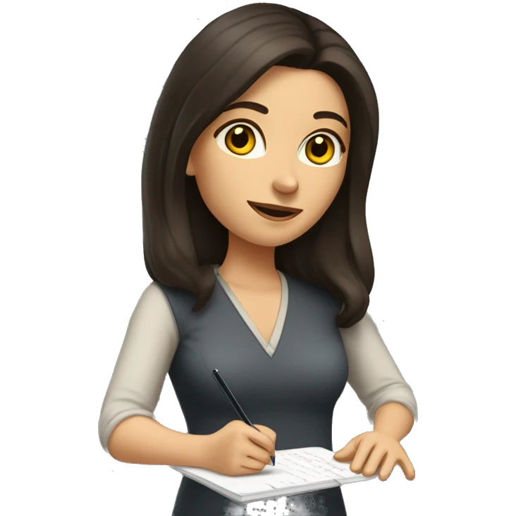 caucasian woman with long dark brown hair and dark brown eyes writing notes emoji