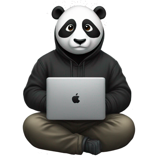 panda hacker, wearing a black hoodie, and an apple computer emoji