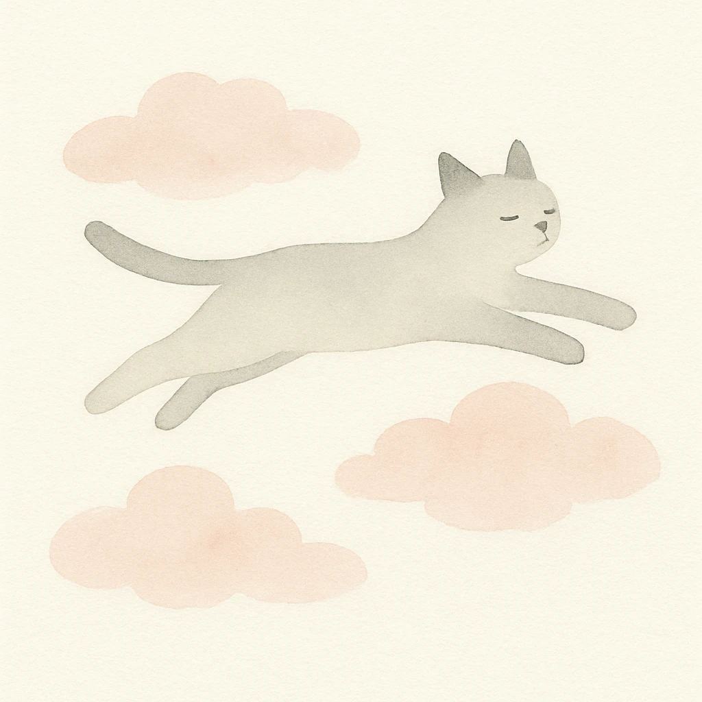 a cat soaring through fluffy pink clouds, soft watercolor style emoji