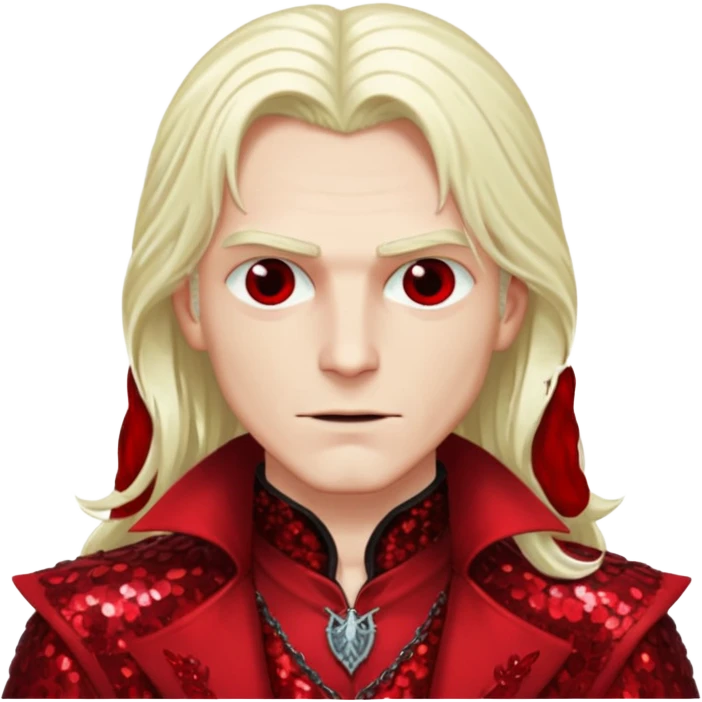 Alucard, Son of Dracula with long platinum blonde hair, dark red sequin outfit  emoji