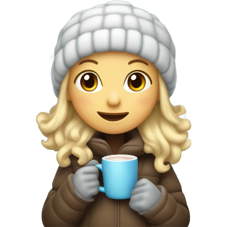 Girl with blonde hair, ear muffs, a beanie, with a puffy jacket holding hot coco in apple woman emoji style  emoji