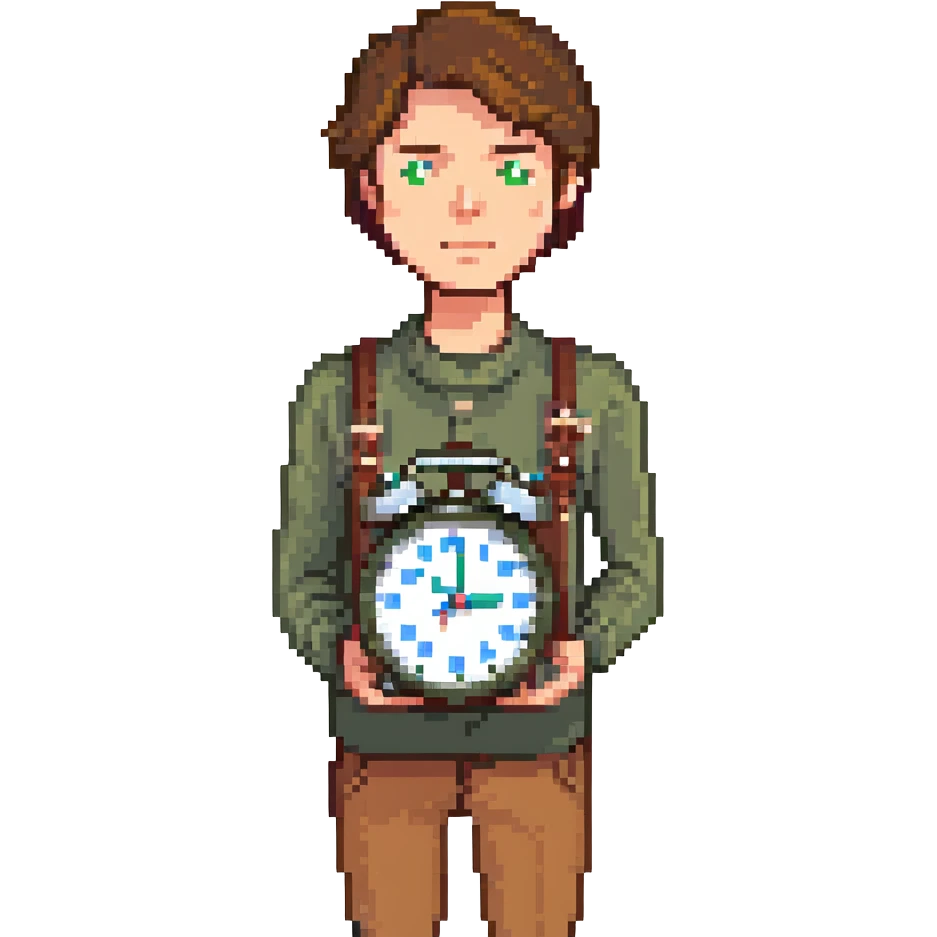 A man with brown hair holding an alarm clock emoji