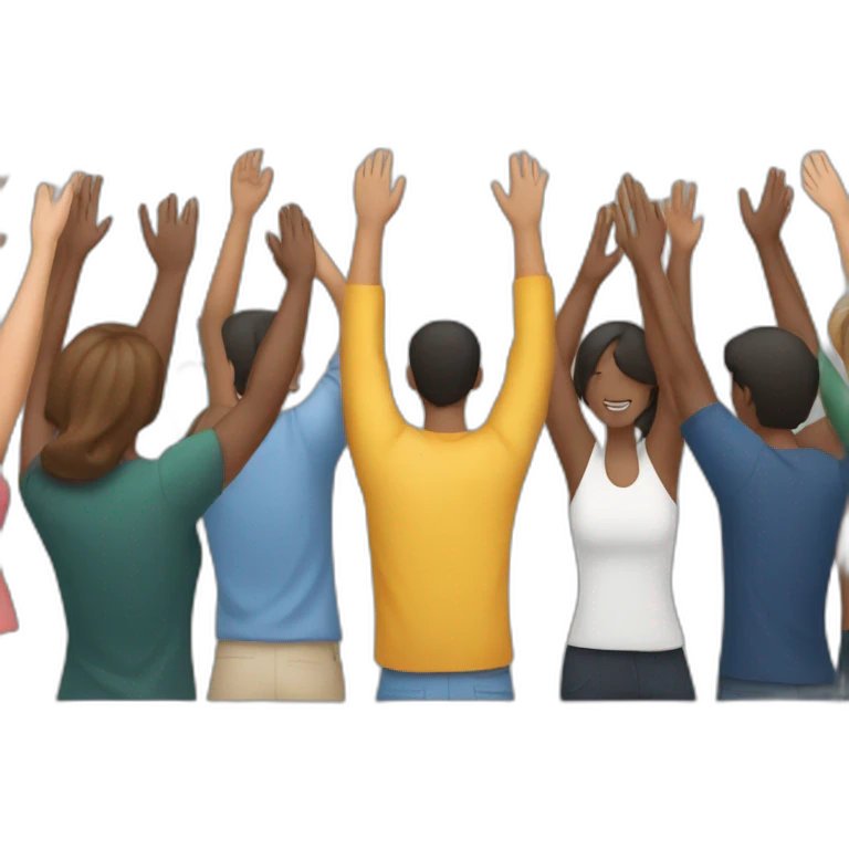 group of people celebrating with their backs to each other with their hands raised emoji