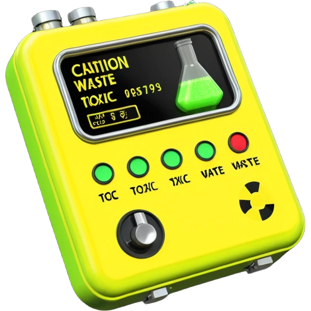 3D render of Geiger Counte, toxic waste aesthetic, neon green bubbling liquid, caution yellow metal, industrial warning texture. emoji