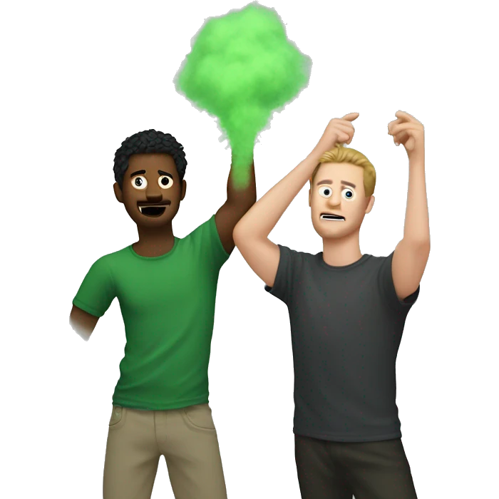 2 men, 1 white man whos emitting a green mist from hsi armpit, the other man is melling his armpit in disgust emoji