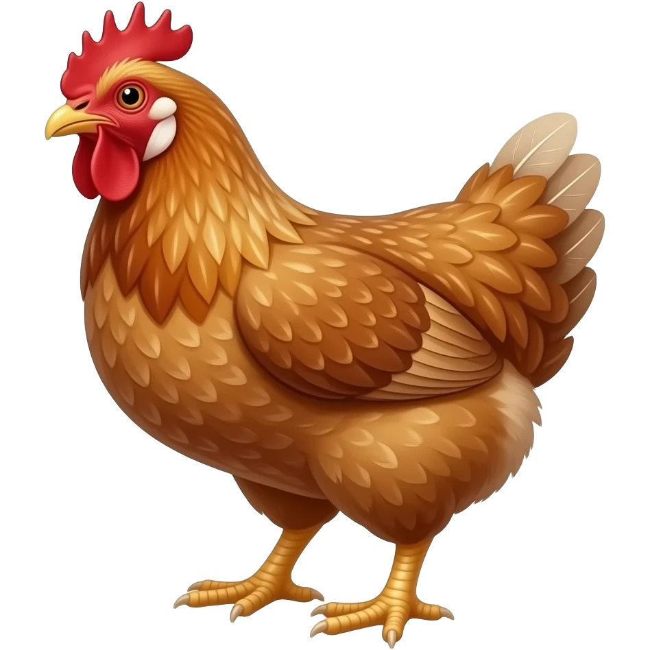 دجاجة: دجاجة بنية سمينة بتفاصيل ريش واضحة وقُطّاعة حمراء. emoji