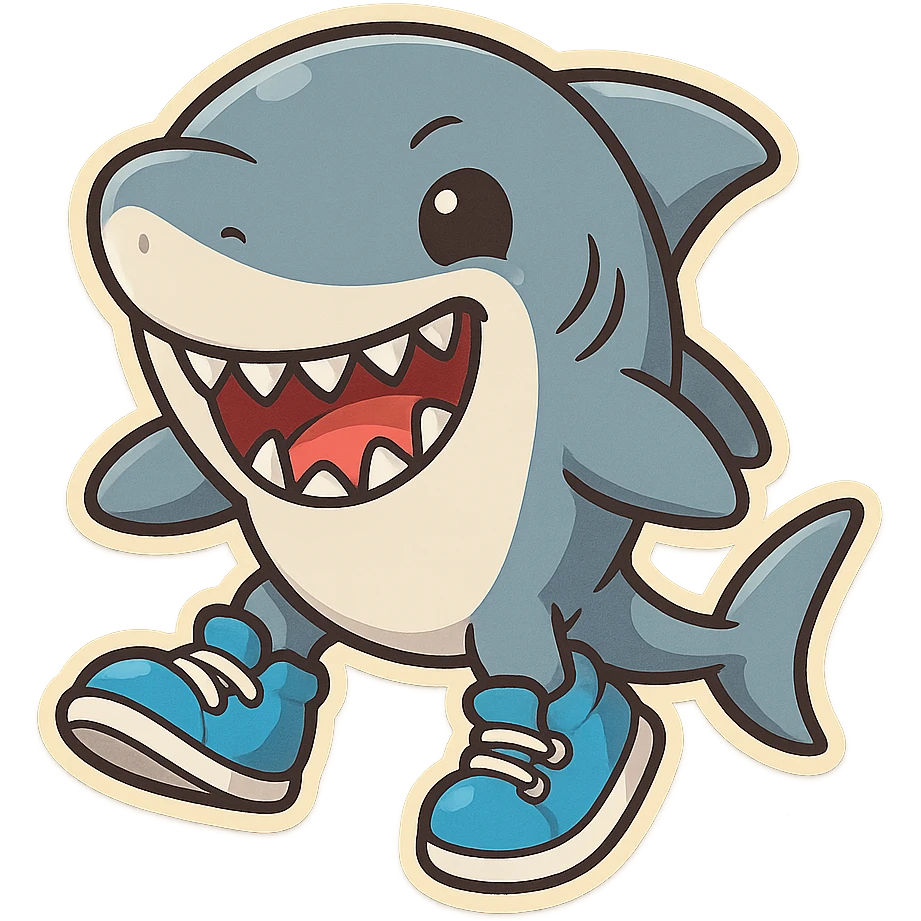 cartoon shark with bright blue sneakers, playful and bold emoji