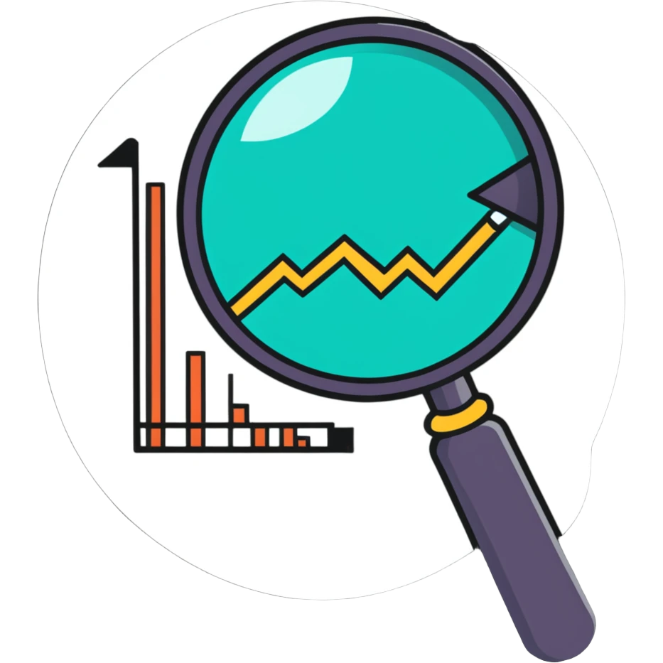 cartoon magnifying glass examining a negative trend chart emoji