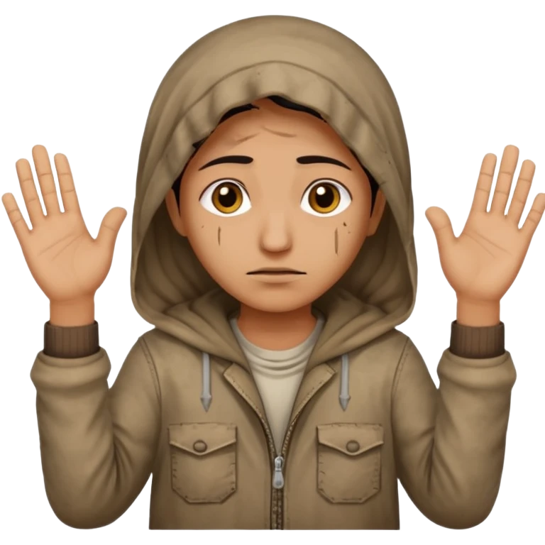 surrenders, portray an authentic 1980 Iraqi with a sad face and raised hands emoji