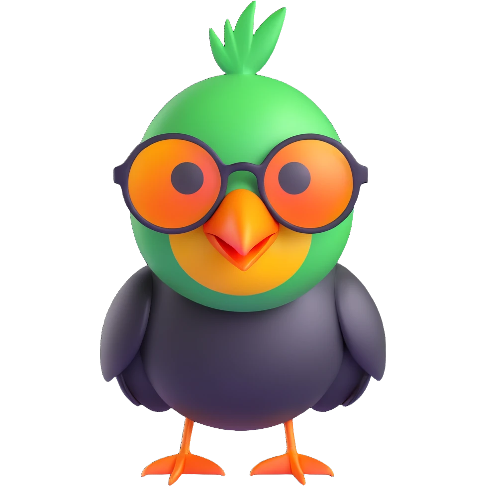 Make the bird emoji more emoji-like with a smooth, shiny 3D look, vibrant colors, and an expressive face. Keep the same pose, orange beak, and round sunglasses. Bird looking to the right. No background. Style should match modern emoji aesthetics. emoji