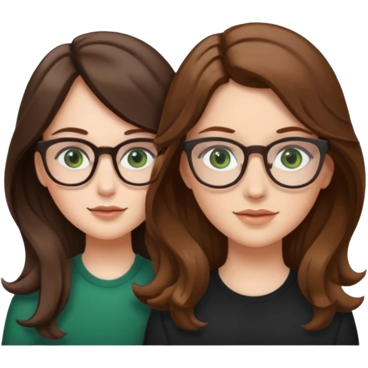 uma menina branca com óculos, cabelo longo castanho claro e olhos verdes e outra menina branca com cabelos ondulados castanhos escuros e olhos marrons emoji