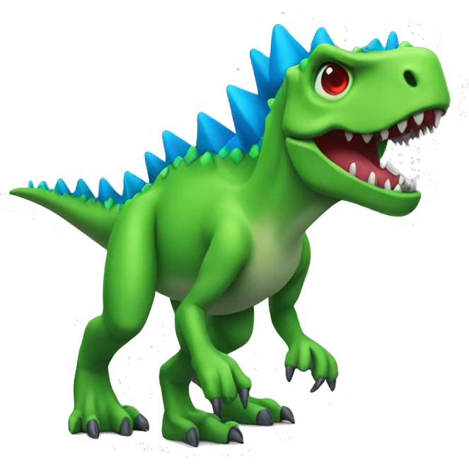 a green trex with blue spikes and full  red eyes, full body
 emoji