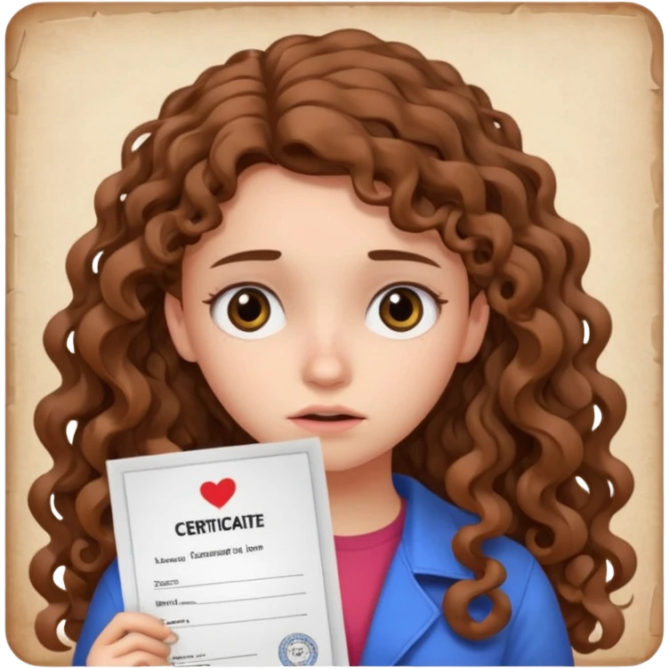 A girl with long curly brown hair shows an IELTS certificate with low score dissapointed emoji
