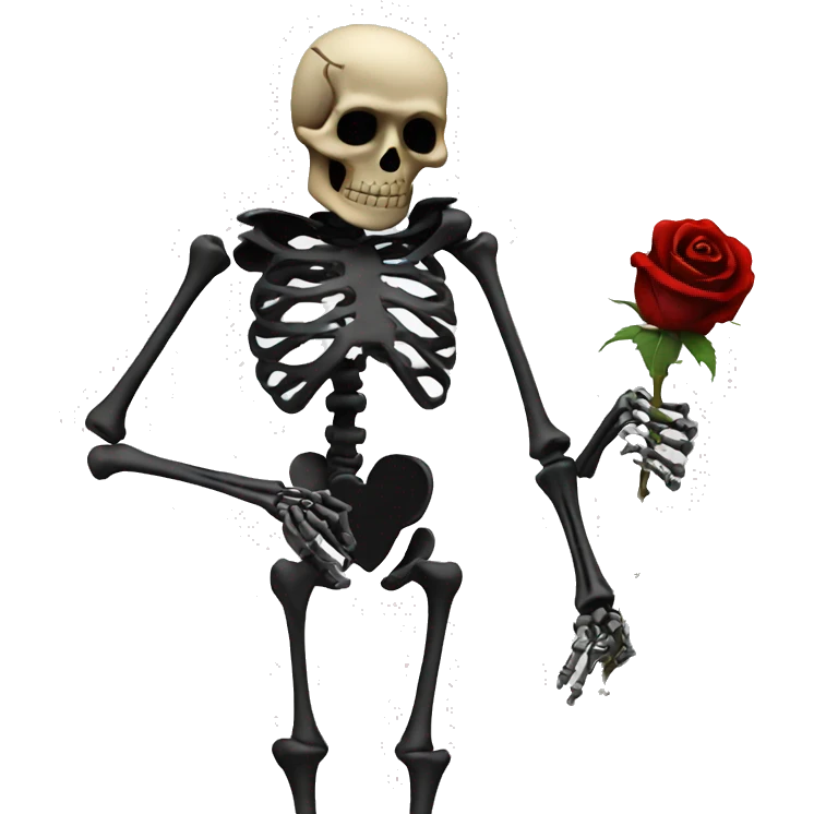 Skeleton with black rose in hand seriously judging, standing  emoji