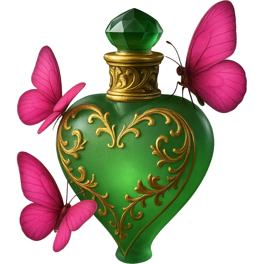 Enhance the butterflies to be more vivid and brighter while maintaining the matte glass style. Improve the green bottle with golden details and pink butterflies, making the design cleaner and more elegant. emoji