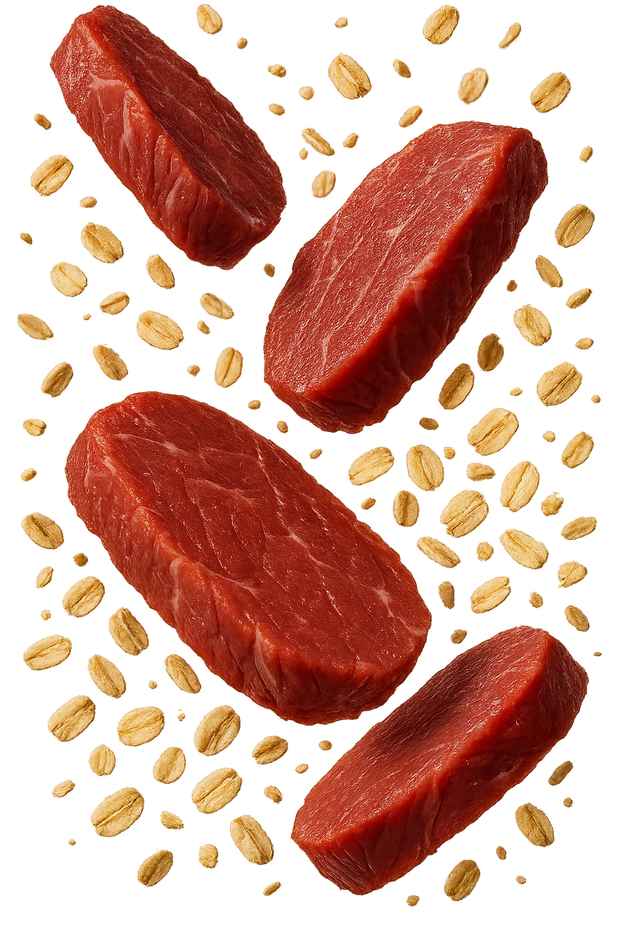 FETTINE DI CARNE FLUTTUANO IN ARIA INSIEME A FIOCCHI DI AVENA, IPERREALISTICO 4K emoji