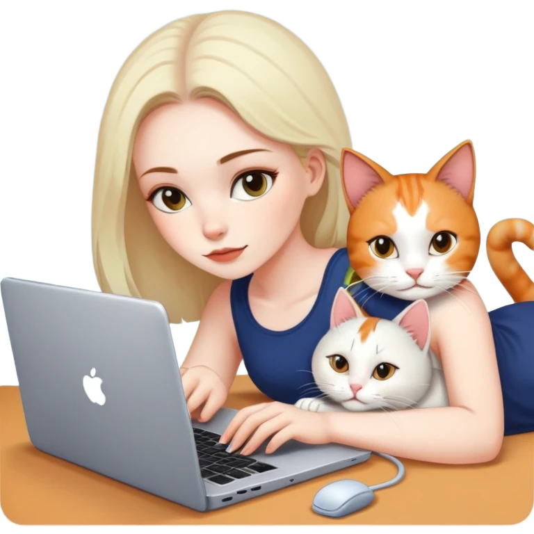 A girl is working on a laptop with a cat lying next to it emoji
