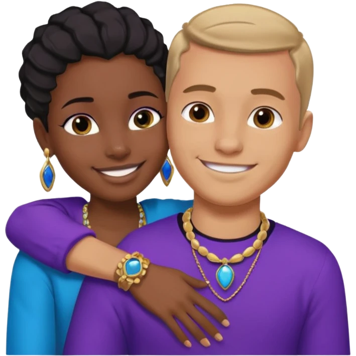 Tan European male wearing blue and smiling and hugging a jet black African girl in purple clothes with blue jewelry emoji