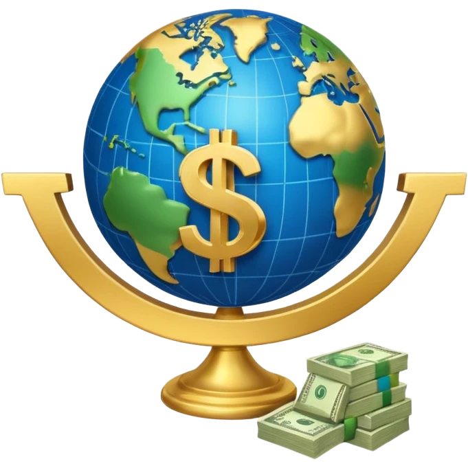 An icon featuring  a dollar sign, and a chart with upward trends, symbolizing economics. The design includes coins, bills, and a globe, representing global trade and financial systems. Transparent background highlights the study of markets, supply, and demand. emoji