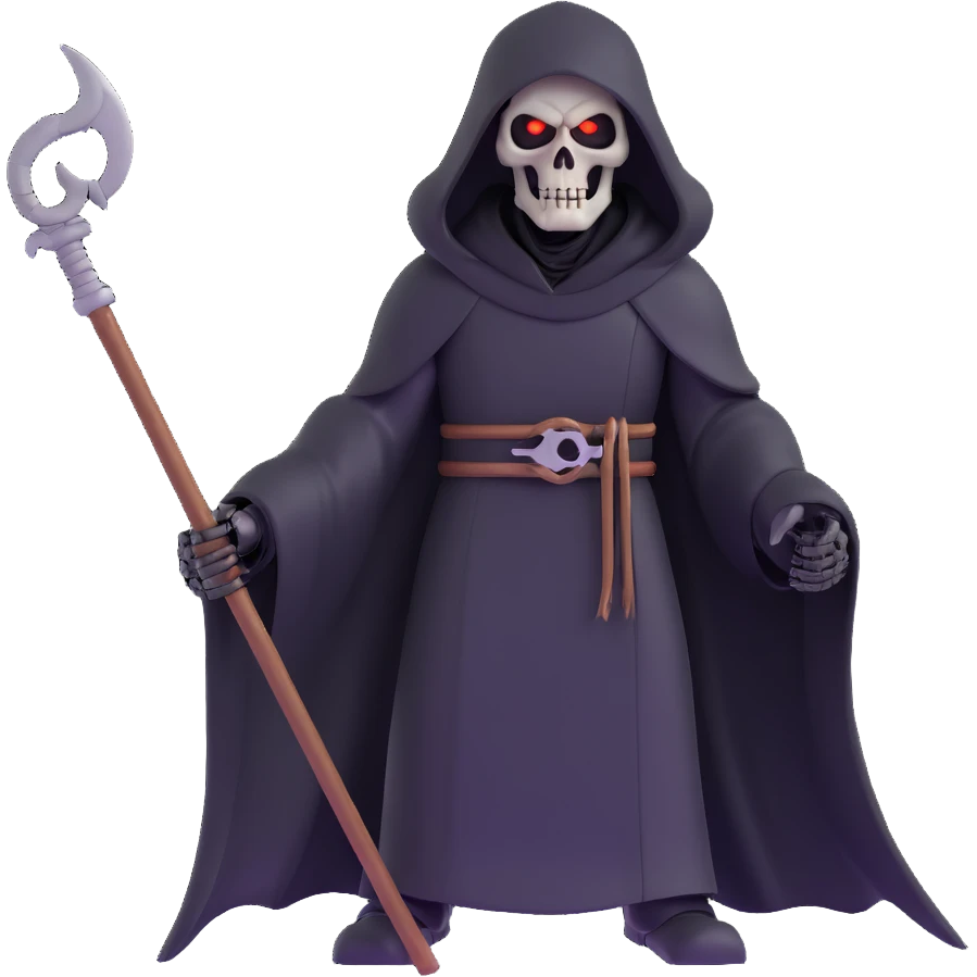AI robot as the Grim Reaper with metallic body, black cloak, glowing eyes, holding a scythe emoji