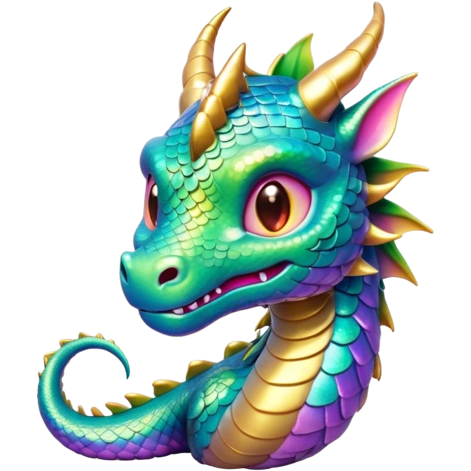 Cinematic Cute Dragon Portrait Emoji, Head tilted playfully and inquisitively, with a sleek, serpentine body adorned in iridescent scales and a charming, expressive face featuring subtle, delicate horns, round, sparkling eyes brimming with curious magic, Simplified yet irresistibly adorable features, highly detailed, glowing with a warm, enchanting glow, high shine, affectionate and mystical, stylized with a touch of whimsical fantasy, soft glowing outline, capturing the essence of a mischievous yet loving dragon that feels like it could slither out of the screen into your arms! emoji