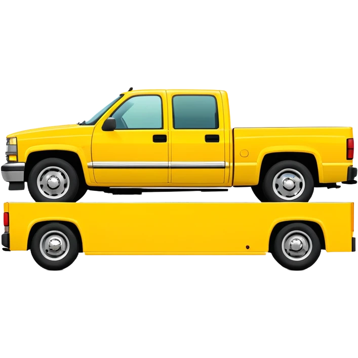 Minimalist bright yellow 1997 Chevrolet C-2500 Crew Cab Silverado truck, three-quarter view at 30 degrees, simplified design, same yellow color as in Kill Bill movie, iOS emoji style emoji