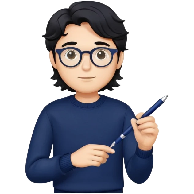 Dependable young professional man with round glasses, wavy black hair, navy blue sweater, assured posture, designer with pen emoji
