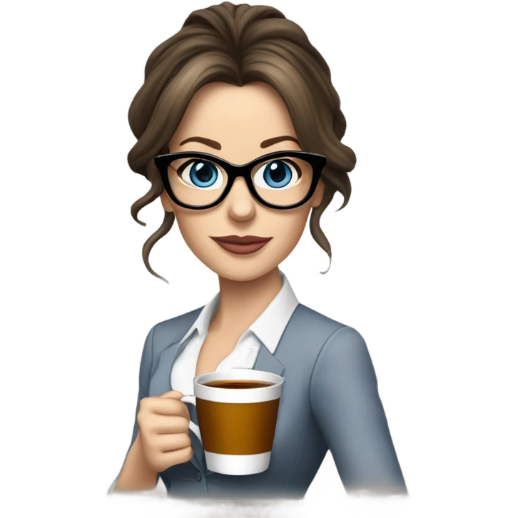 Lifelike Kate Beckinsale blue eyes wearing glasses in a business dress drinking a cup of tea  emoji