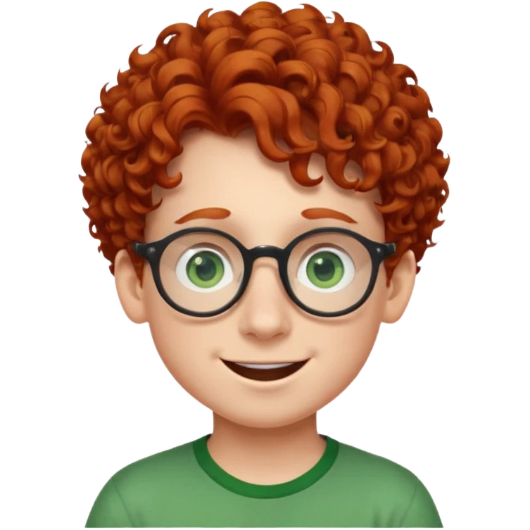 redhead kid with unique face features and very curly hair kid boy happy and big glassess and big nose and very green eyes emoji