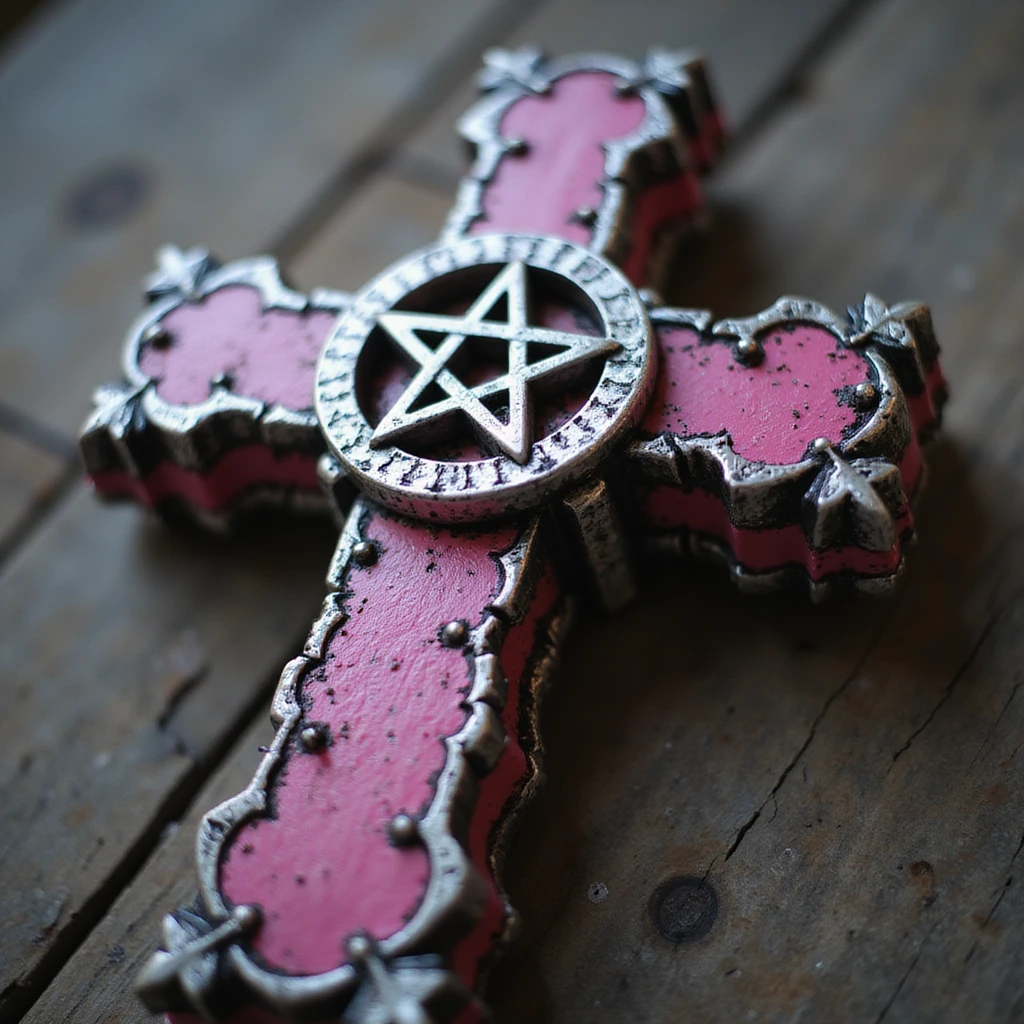 realistic gothic cross, pink with a silver pentagram, photorealistic style emoji