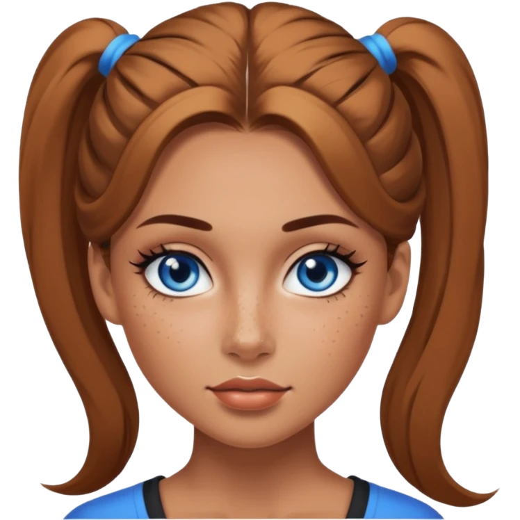Attractive Woman with tan skin, baddie style, blue eyes, wide face, freckles, and a long voluminous ponytail and dark eye makeup emoji