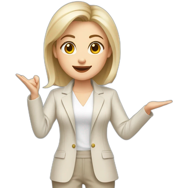 Full height Actively gesturing with hands pale skin woman with ash blonde Straightened bob Hair, White Spacious classical jacket, beige palazzo Arrow pants and gray blouse emoji