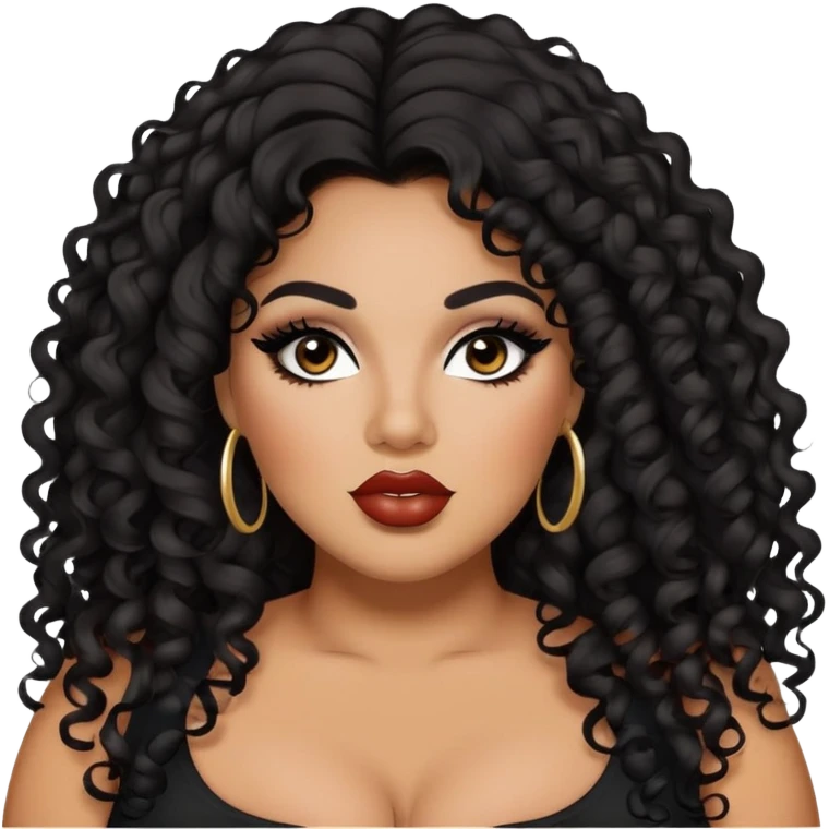 big plus size, latina, darker tan skin, long black curly hair, baddie,pretty, makeup, lipliner, black eyeliner, long thin hair emoji
