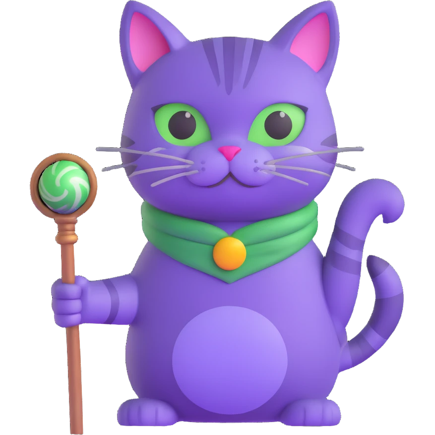 purple cat with a magical staff in a fantasy world emoji