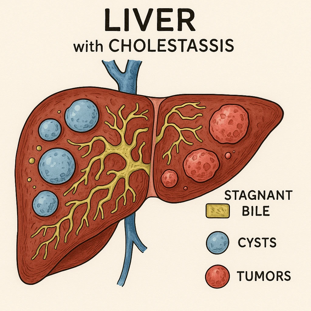 medical drawing of liver with cholestasis (highlighted stagnant bile), visible cysts and tumors, using distinct colors for each pathology, precise and educational medical illustrative style emoji