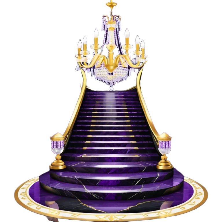 Luxurious black marble hallway stairs with gold and white accents  with purple crystals in chandelier emoji