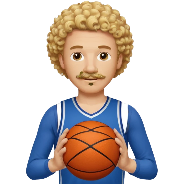 white blonde curly hair man basketball player blue jersey with mustache holding basket ball emoji