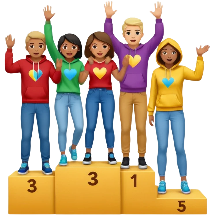 multi-racial people in colorful jeans t-shirts and hoodies on a winners’ podium middle step higher no numbers excited fun expressive emoji style emoji