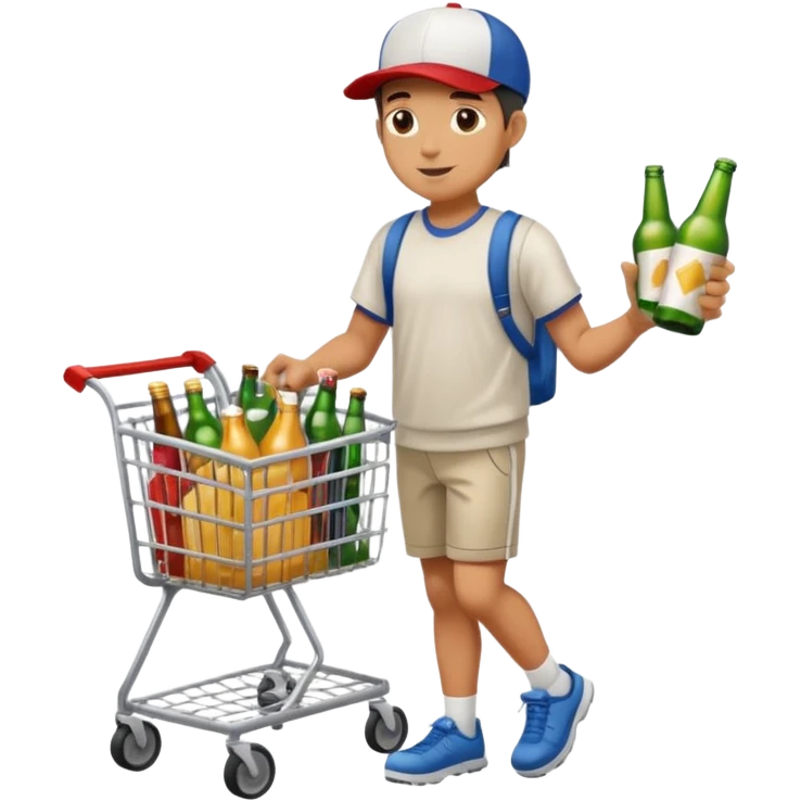 man with a shopping cart full of beers and wines full body emoji